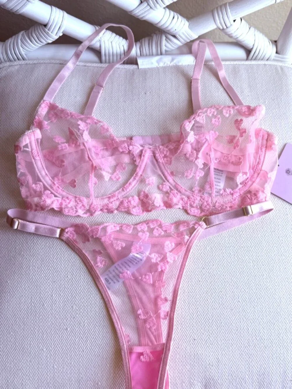 Bed of Roses Pink Heart Embroidered Mesh Lingerie Set Bra Thong Size S NWT